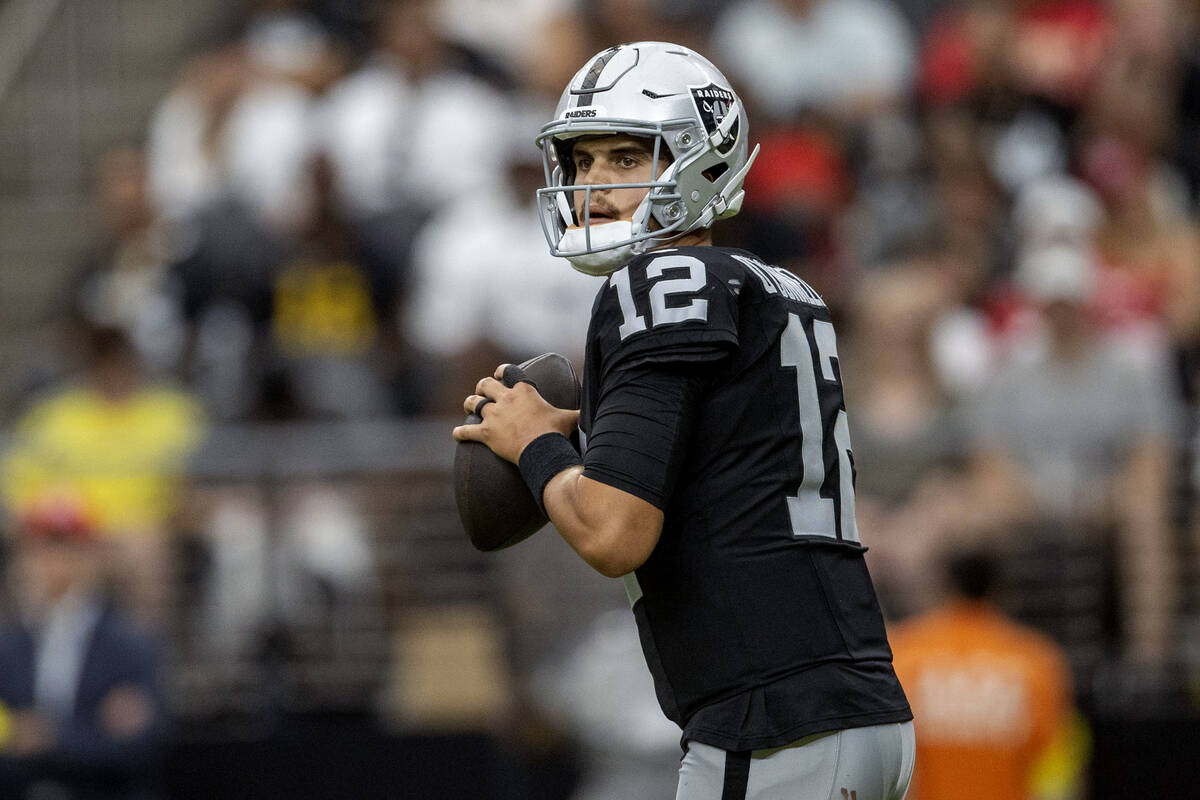 Raiders quarterback Aidan O'Connell (12) prepares to throw during the second half of an NFL pre ...