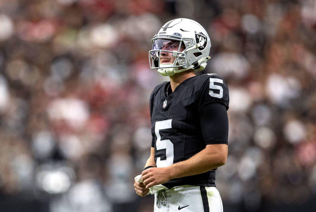 Raiders quarterback Cam Miller (5) on the field during the second half of an NFL preseason game ...