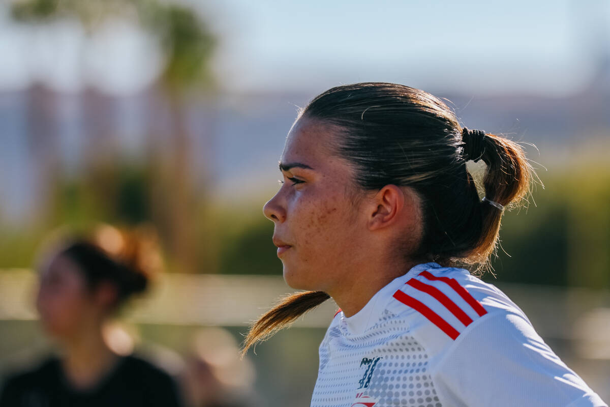Liberty midfielder Lillian Hastings (1) stands on the field for a throw-in during a girls&#x201 ...