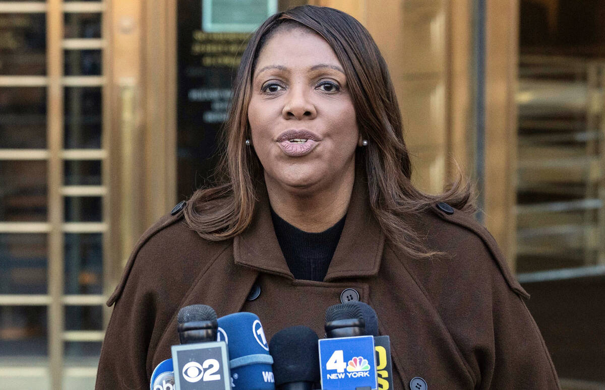 FILE - New York Attorney General Letitia James speaks during a news conference outside Manhatta ...