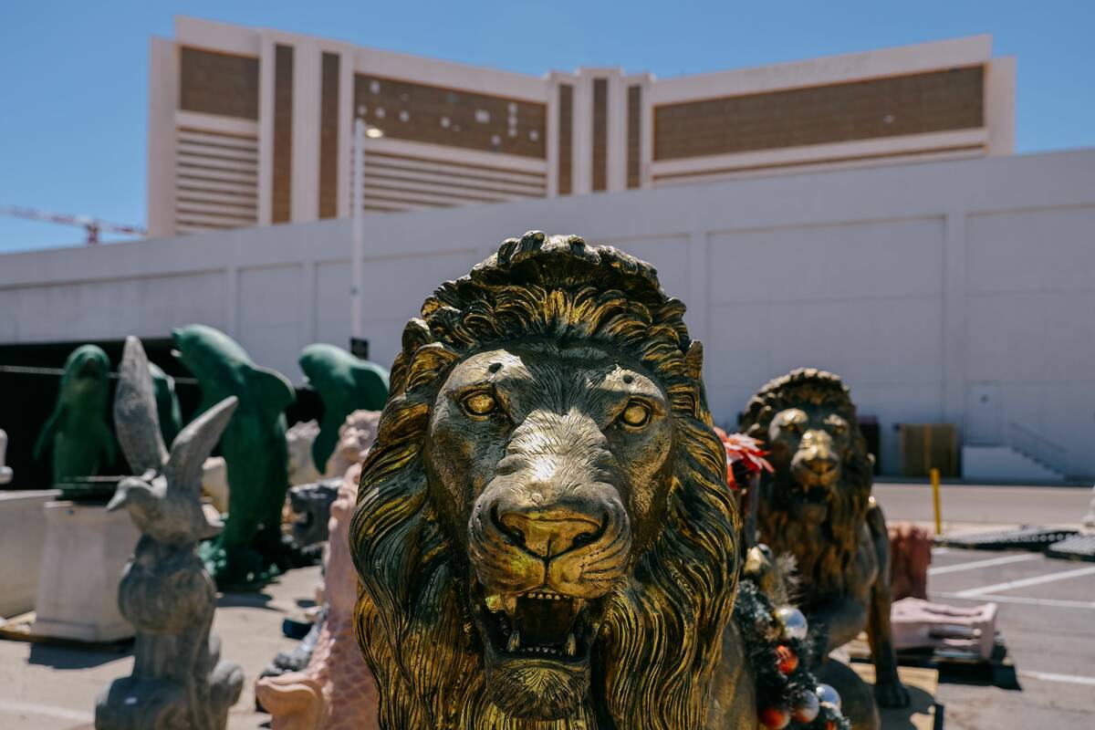 A lion sits among a menagerie of statues on the property of the now-defunct Mirage on Tuesday, ...