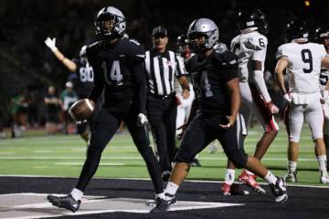 Palo Verde wide receiver X'Zavier McZeal (14) celebrates after making a touchdown catch in the ...