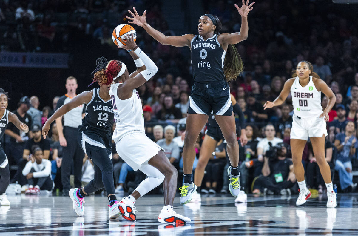 during the first half of their WNBA game at the Michelob Ultra Arena on Tuesday, August 19, 202 ...