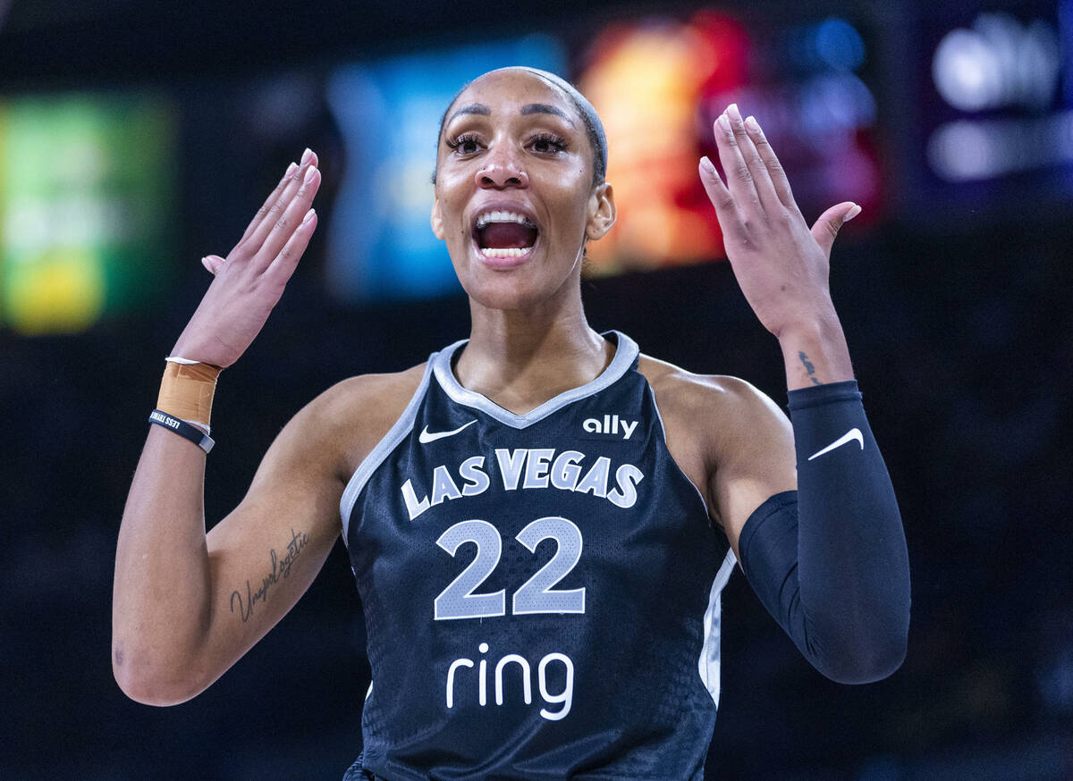Aces center A'ja Wilson (22) is pumped up after another hard foul from the Atlanta Dream on a r ...