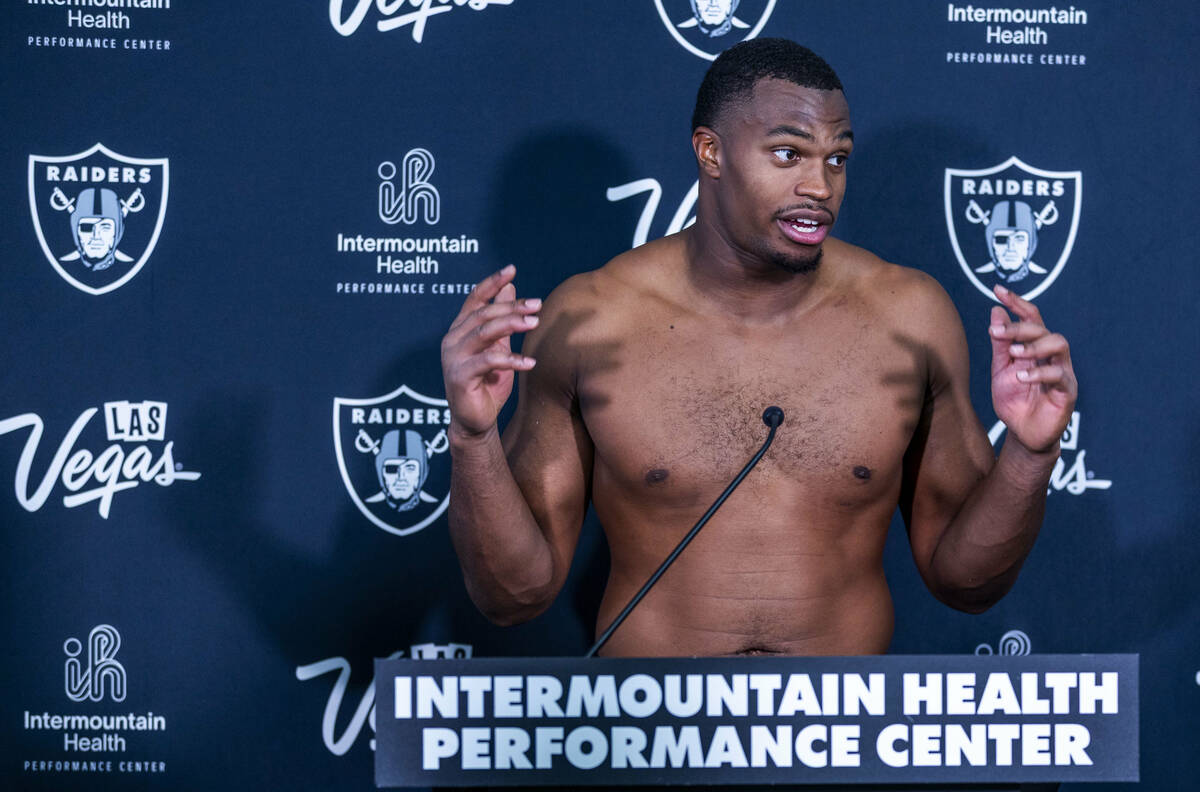 Raiders defensive end Tyree Wilson (9) answers a question during an interview at the Intermount ...
