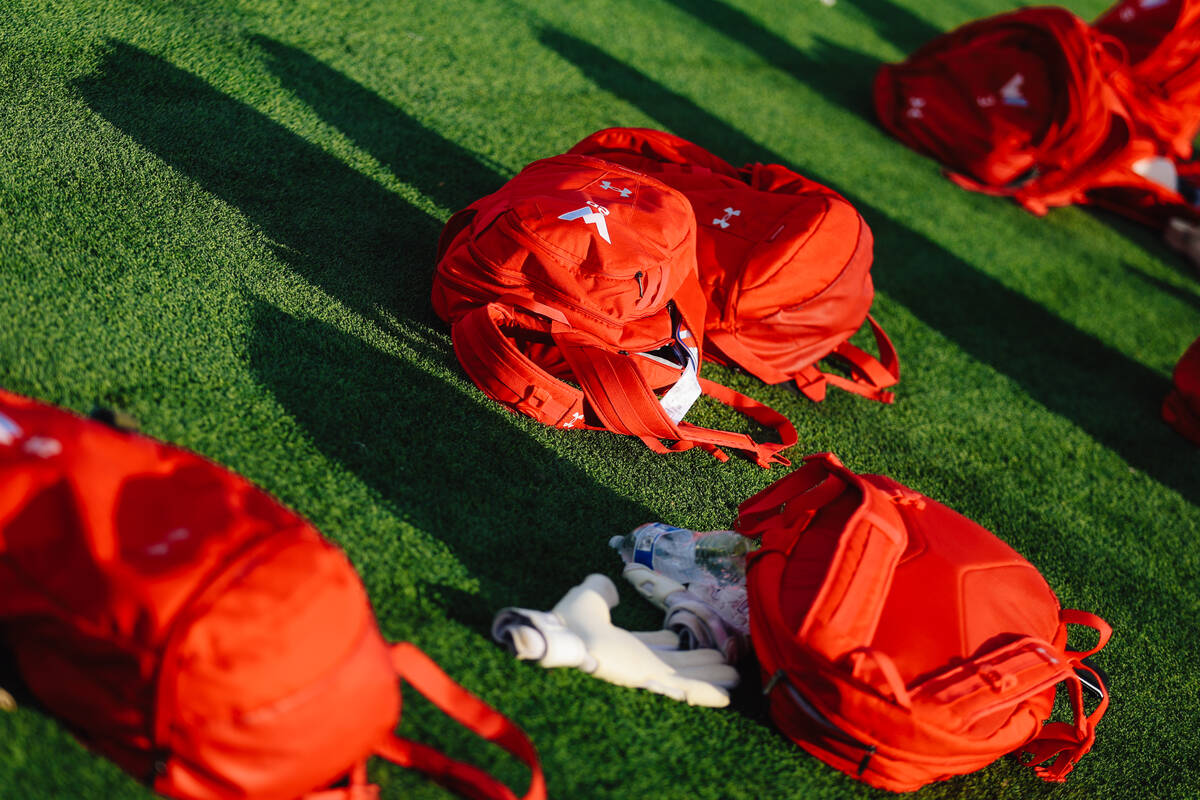 Bags lay on the sidelines during a high school boys soccer game between Western and Las Vegas a ...