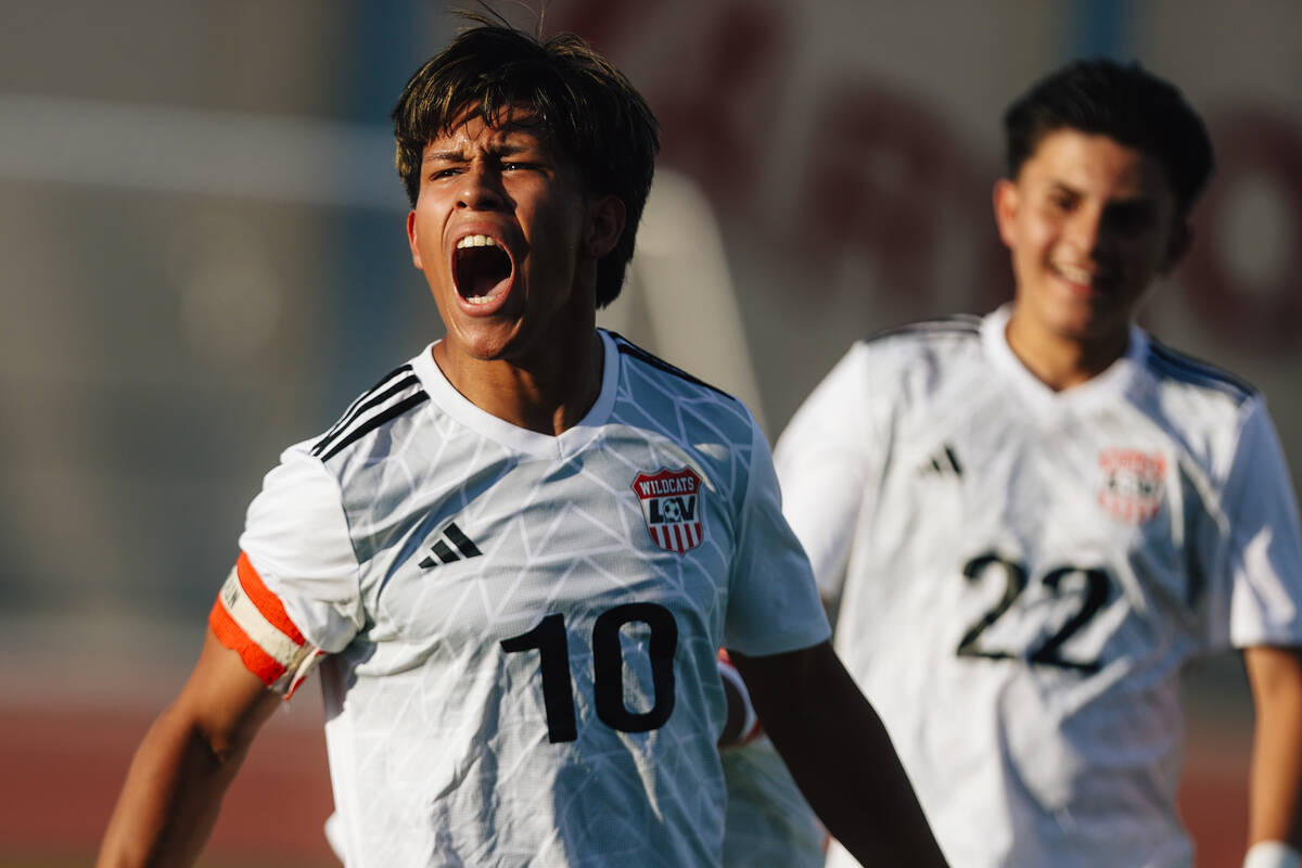 Las Vegas striker Anthony Cardenas celebrates a goal during a high school boys soccer game betw ...
