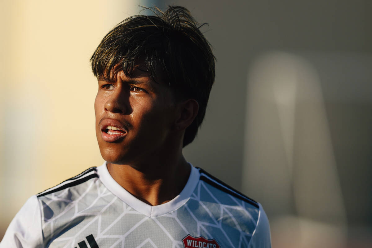 Las Vegas striker Anthony Cardenas looks to the stands during a high school boys soccer game be ...