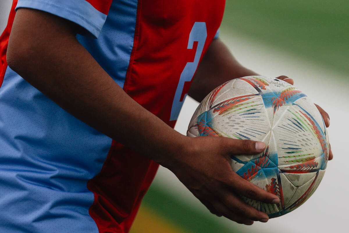 A ball is thrown in game during a high school boys soccer game between Western and Las Vegas at ...