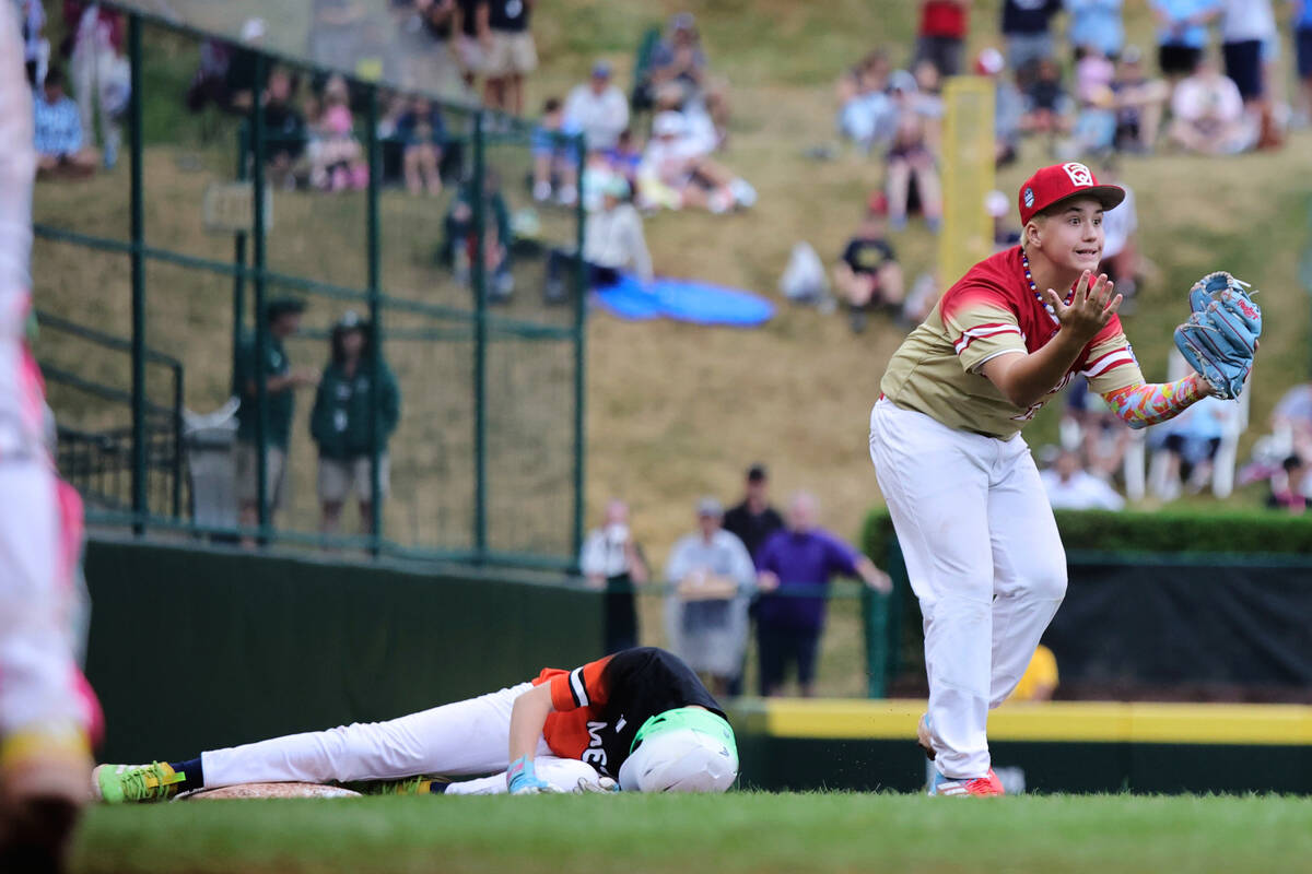 Las Vegas, Nev.'s Garrett Gallegos reacts to a call at third base during the sixth inning of a ...
