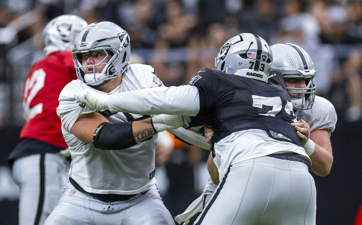 Raiders guard Jackson Powers-Johnson (58) blocks out Raiders defensive tackle Tank Booker (73) ...