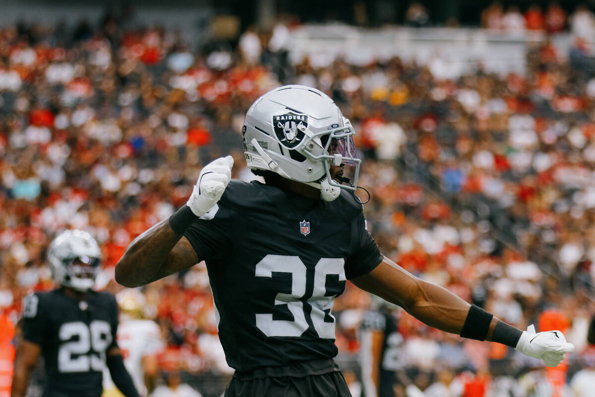 Raiders cornerback Kyu Blu Kelly (36) celebrates a successful tackle during the first half of t ...
