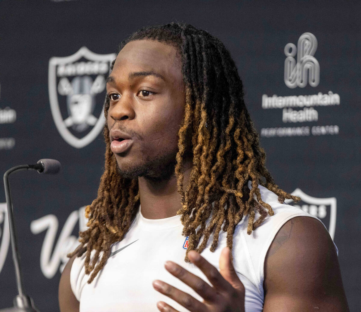Raiders running back Ashton Jeanty answers questions from the media during a news conference fo ...