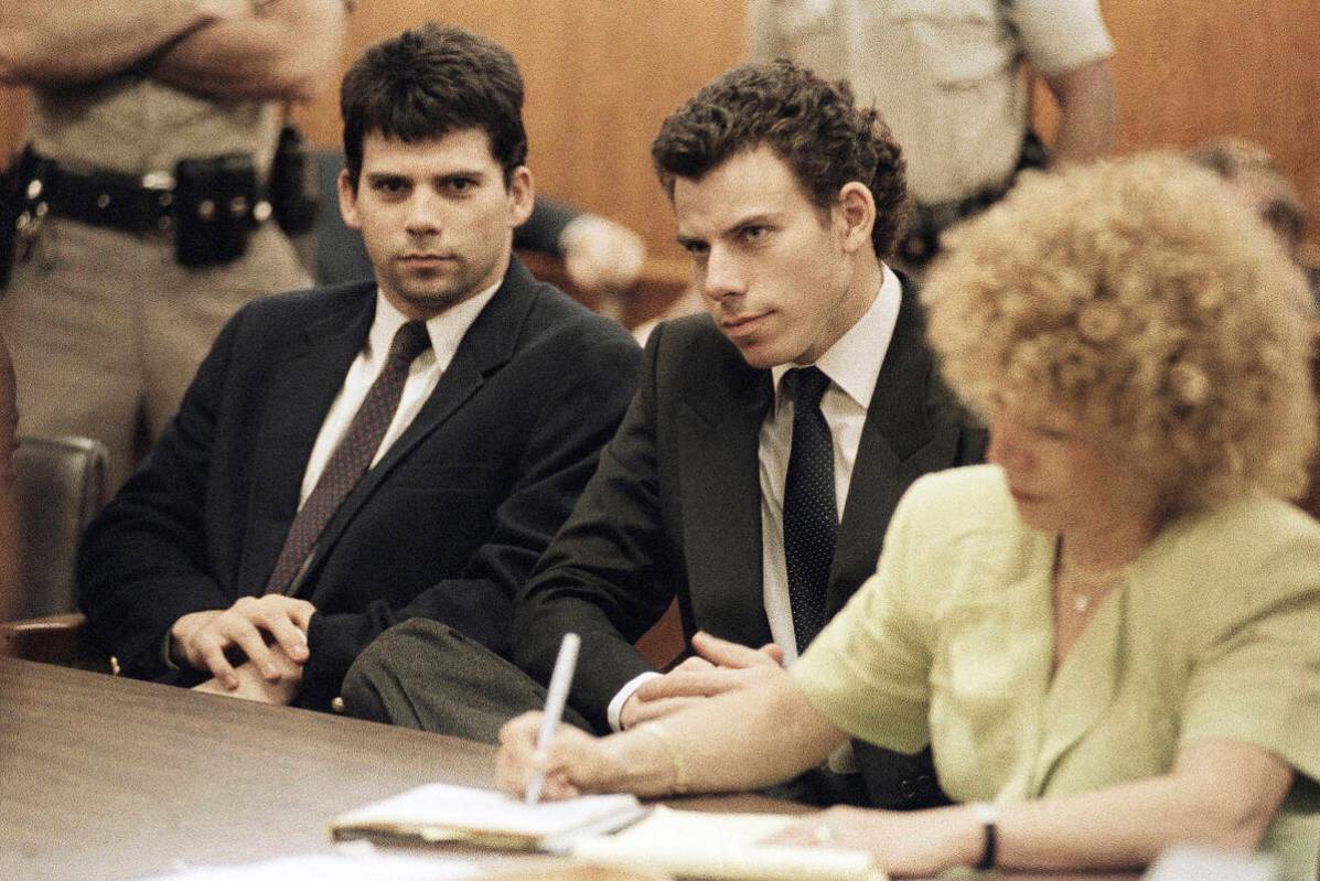 FILE - Lyle, left, and Erik Galen Menendez sit in a Beverly Hills, Calif., courtroom, May 14, 1 ...