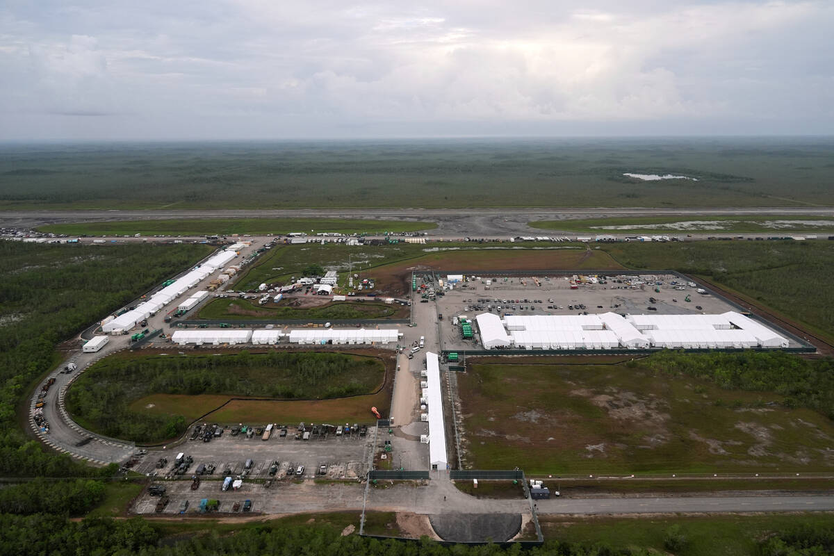 FILE - Work progresses on a new migrant detention facility dubbed "Alligator Alcatraz,&quo ...