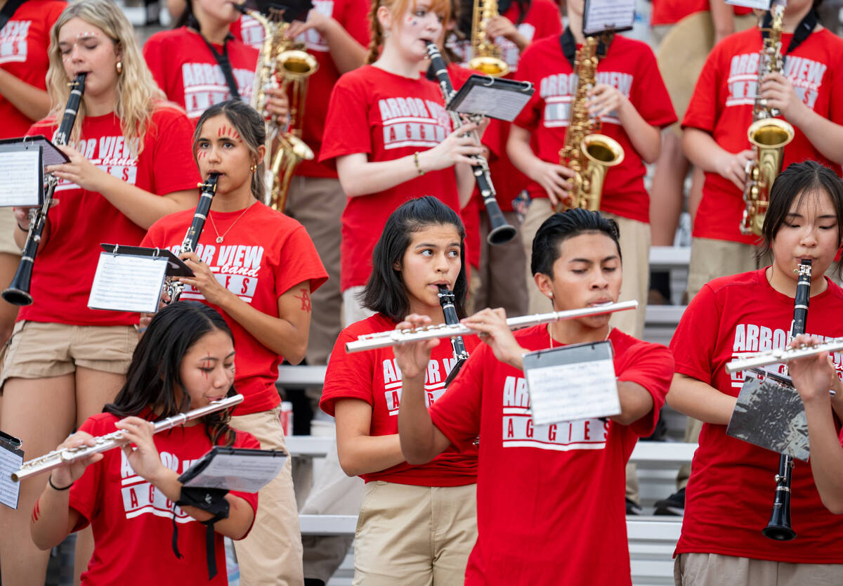 The Arbor View marching band plays during the second quarter of a football game between Mililan ...