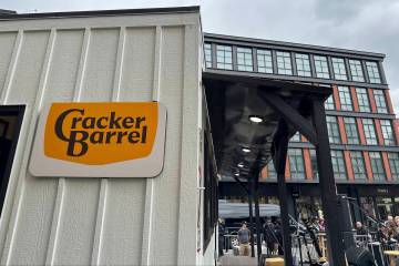 The new Cracker Barrel logo is displayed on Thursday, Aug. 21, 2025, in New York. (AP Photo/Wya ...