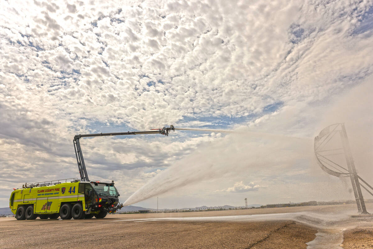 A new Aircraft Rescue and Firefighting (ARFF) vehicle demonstrates it’s ability to pierc ...