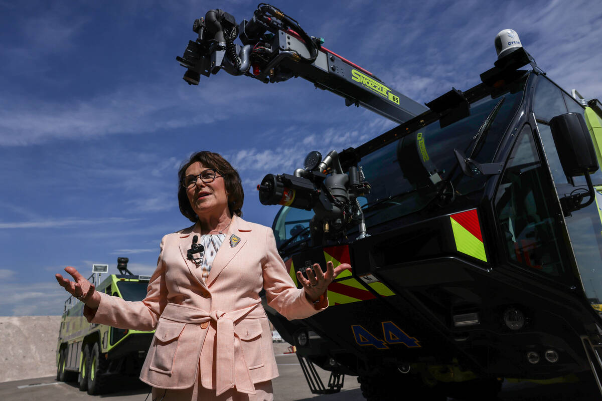 Sen. Jacky Rosen, D-Nev., speaks during an unveiling ceremony for the airports newest on-field ...