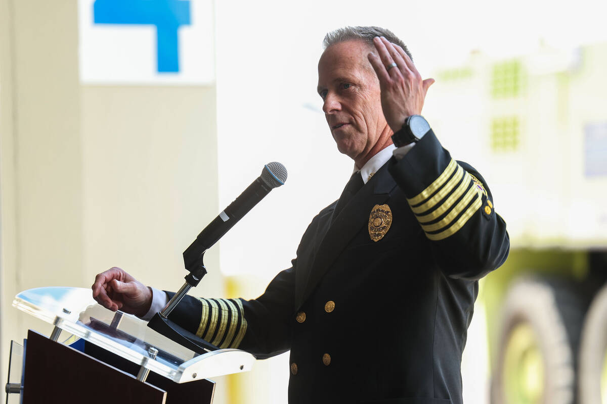 Clark County Fire Chief Billy Samuels speaks during an unveiling ceremony for the airports newe ...