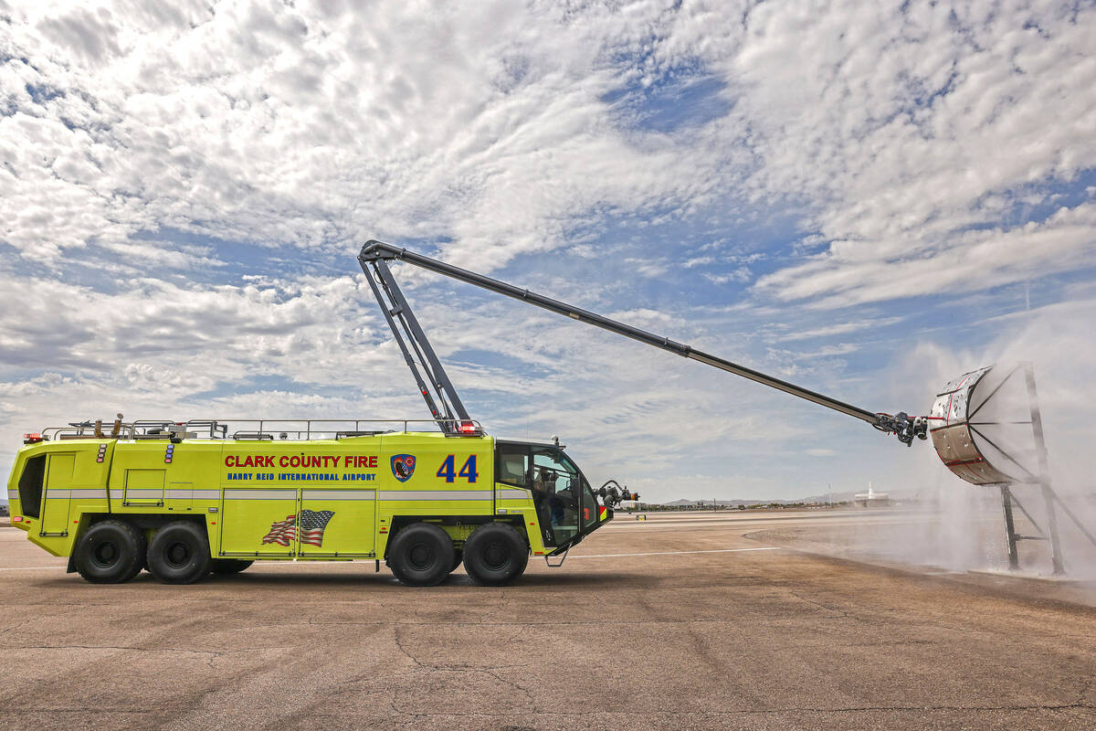 A new Aircraft Rescue and Firefighting (ARFF) vehicle demonstrates it’s ability to pierc ...