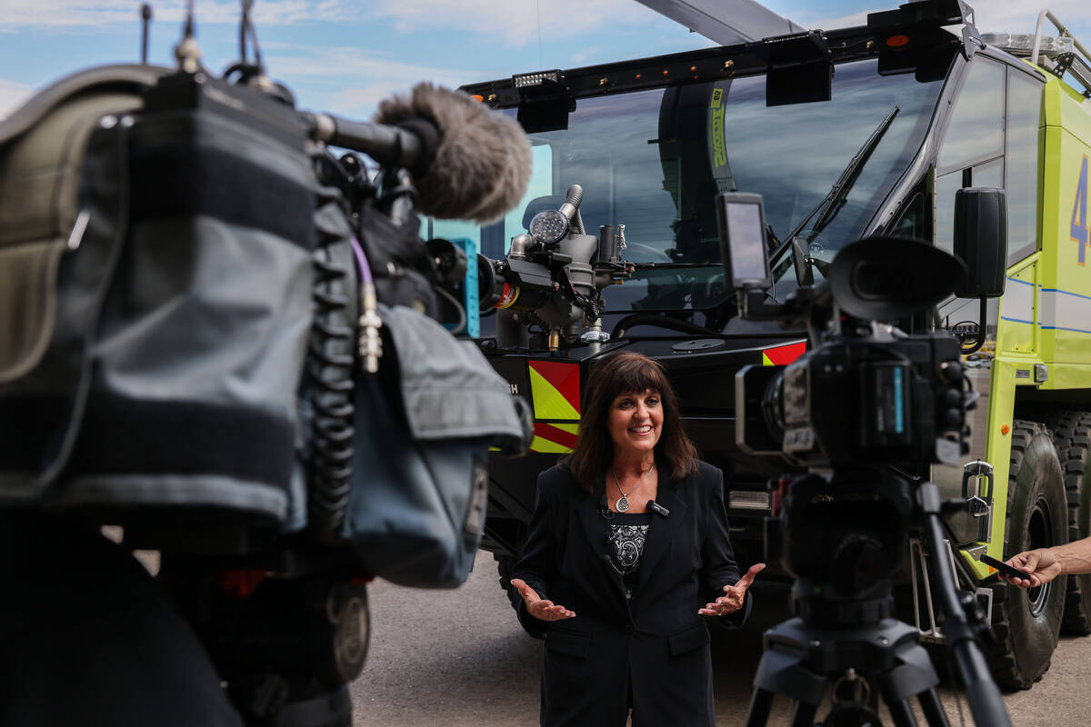 Clark County Department of Aviation Director Rosemary Vassiliadis speaks during an unveiling ce ...