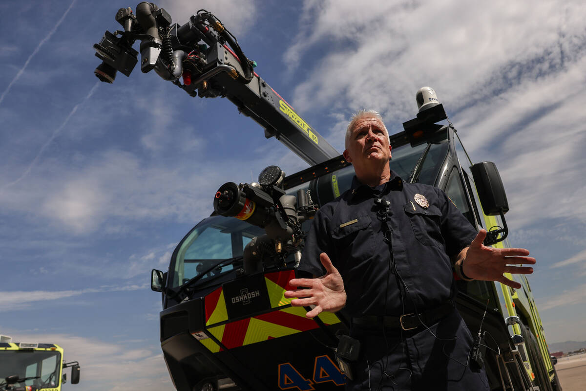 Clark County Fire Department assistant chief Scott Carnahan speaks during an unveiling ceremony ...