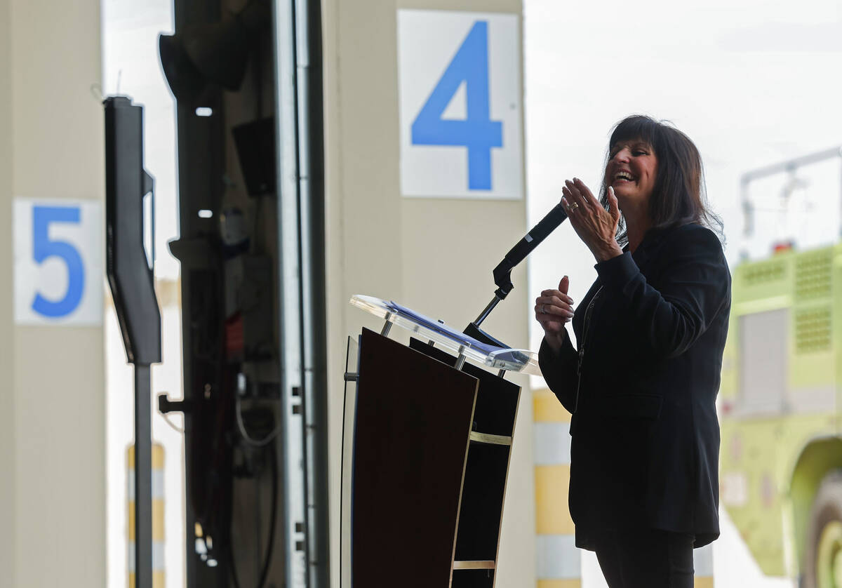 Clark County Department of Aviation Director Rosemary Vassiliadis speaks during an unveiling ce ...