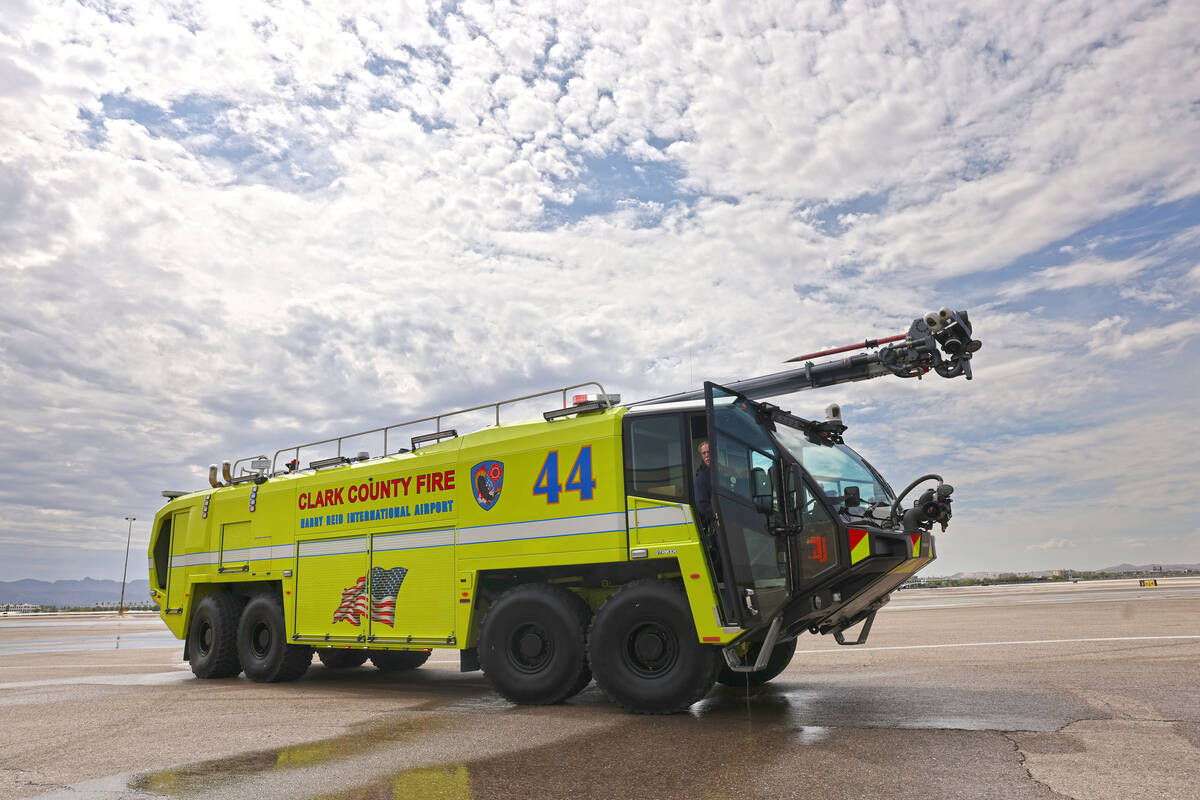 A new Aircraft Rescue and Firefighting (ARFF) vehicle during a demonstration at an unveiling ce ...