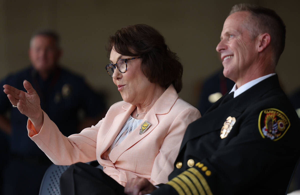 Sen. Jacky Rosen, D-Nev., left, and Clark County Fire Chief Billy Samuels during an unveiling c ...