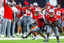 UNLV defensive back Laterrance Welch (0) intercepts a pass against the Idaho State Bengals duri ...