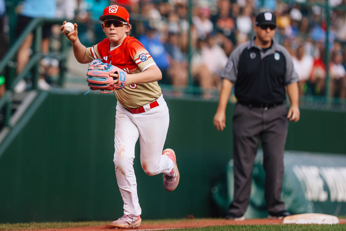 Summerlin South third baseman Banks Mossler throws the ball during a Little League World Series ...