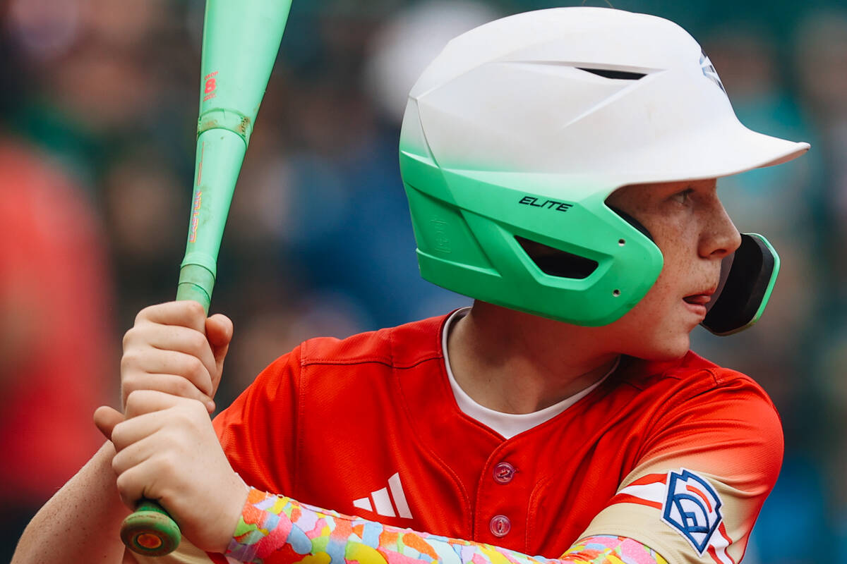 Summerlin South’s Griffin Vargas waits on the ball during a Little League World Series s ...