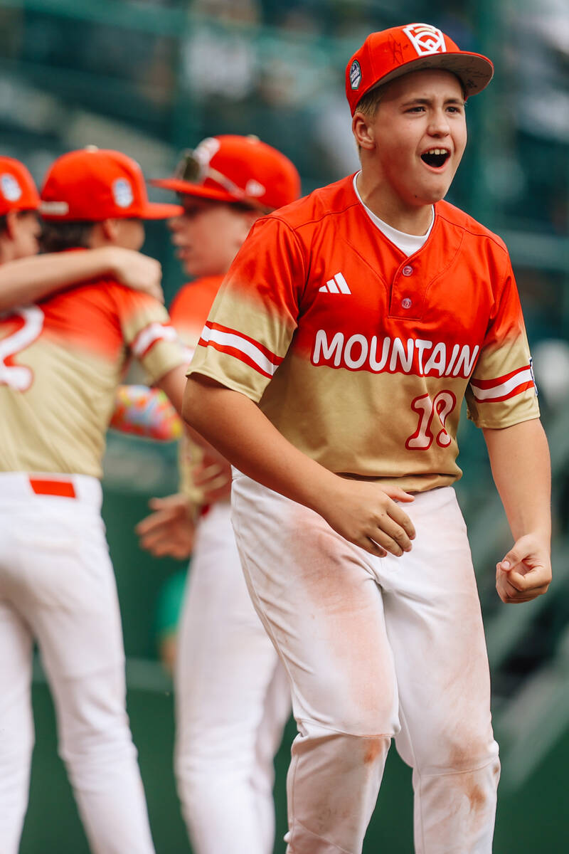 Summerlin South pitcher Garrett Gallegos celebrates winning a Little League World Series semifi ...