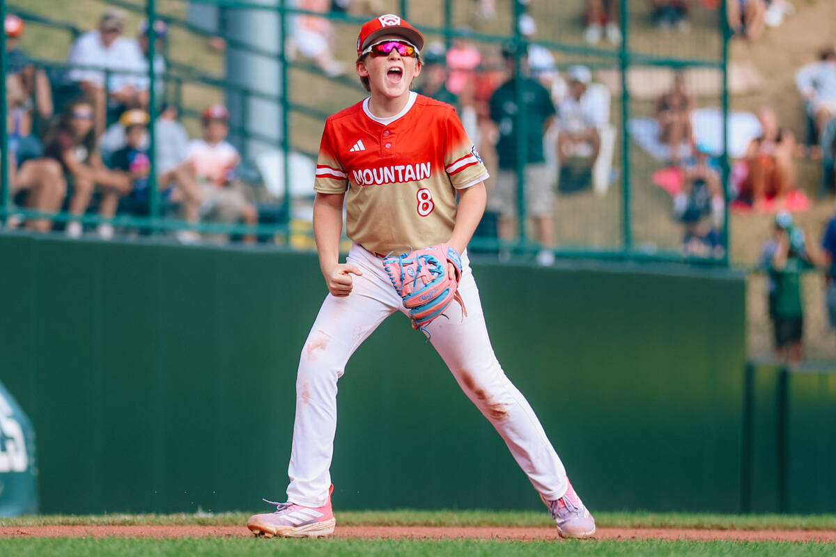 Summerlin South third baseman Banks Mossler celebrates during a Little League World Series semi ...