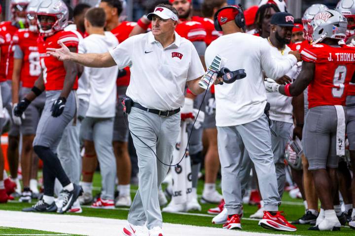 UNLV head coach Dan Mullen questions another referee penalty call for the Idaho State Bengals d ...