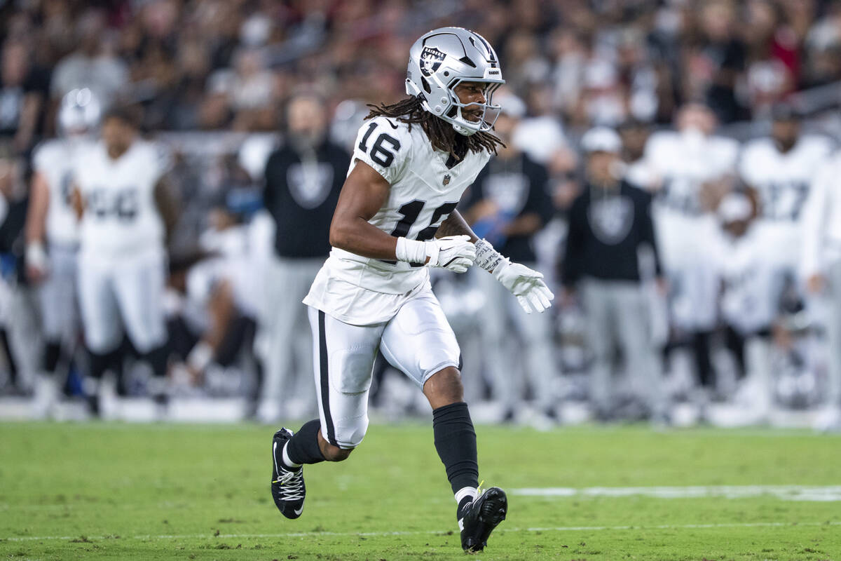Las Vegas Raiders wide receiver Jakobi Meyers (16) runs during a preseason NFL football game ag ...
