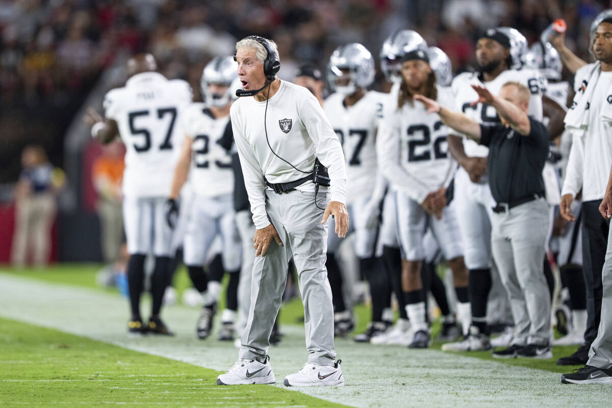 Las Vegas Raiders Head Coach Pete Carroll reacts to a play in a preseason NFL football game aga ...