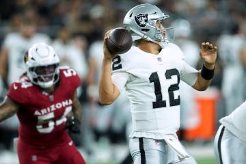 Las Vegas Raiders quarterback Aidan O'Connell (12) throws against the Arizona Cardinals during ...