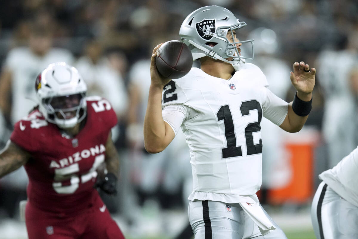 Las Vegas Raiders quarterback Aidan O'Connell (12) throws against the Arizona Cardinals during ...