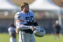 Raiders guard Jackson Powers-Johnson (58) gets ready to put on his helmet during the team&#x201 ...