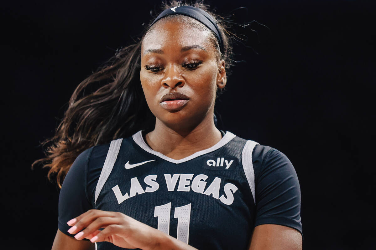 Aces guard Dana Evans walks down the court during a WNBA basketball game between the Aces and N ...
