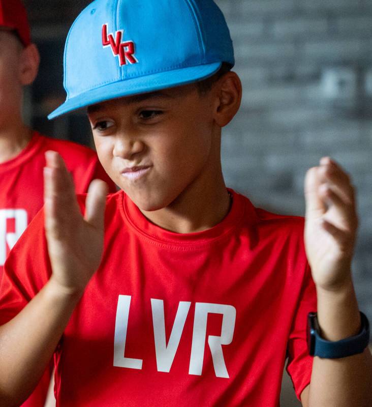 LVR player Giancarlo West, 9, claps after a play at a watch party to cheer on Summerlin South ...