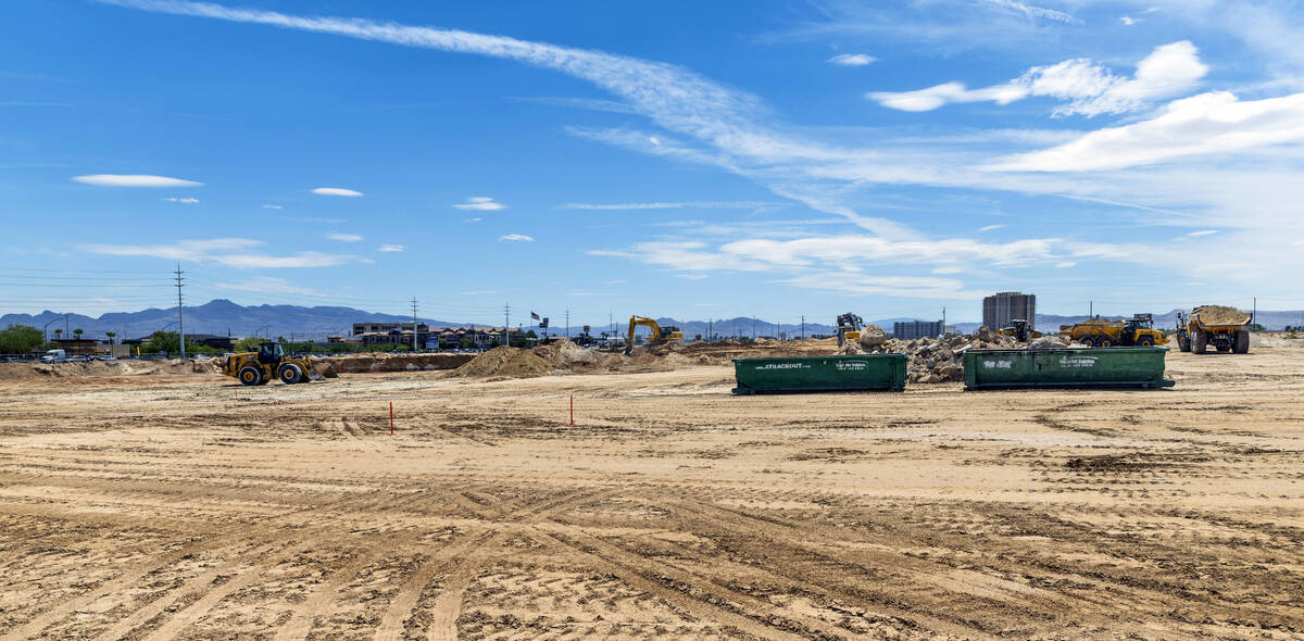Soil is scraped and hauled as grading work continues on Brightline West's land on Wednesday, Au ...