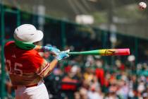 Summerlin South first baseman Grayson Miranda swings at the ball during a Little League World S ...