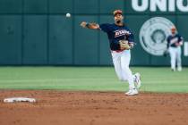 Aviators infielder Darell Hernaiz (2) throws the ball during a baseball game between the Las Ve ...