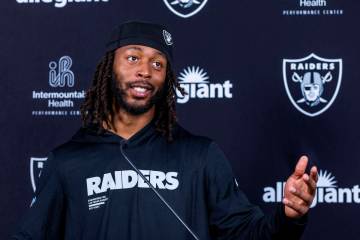 Raiders wide receiver Jakobi Meyers (16) speaks during an interview on the first day of trainin ...