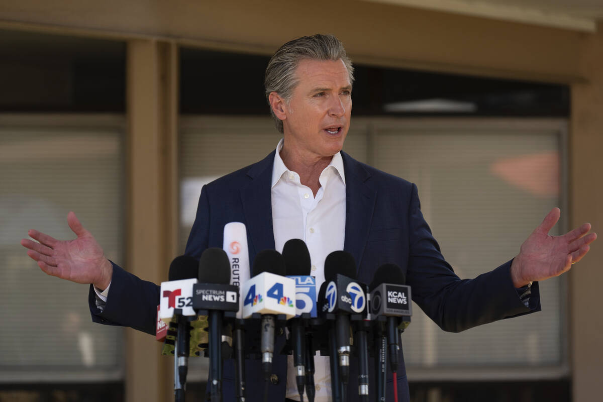 California Gov. Gavin Newsom speaks during a news conference in Downey, Calif., Wednesday, July ...