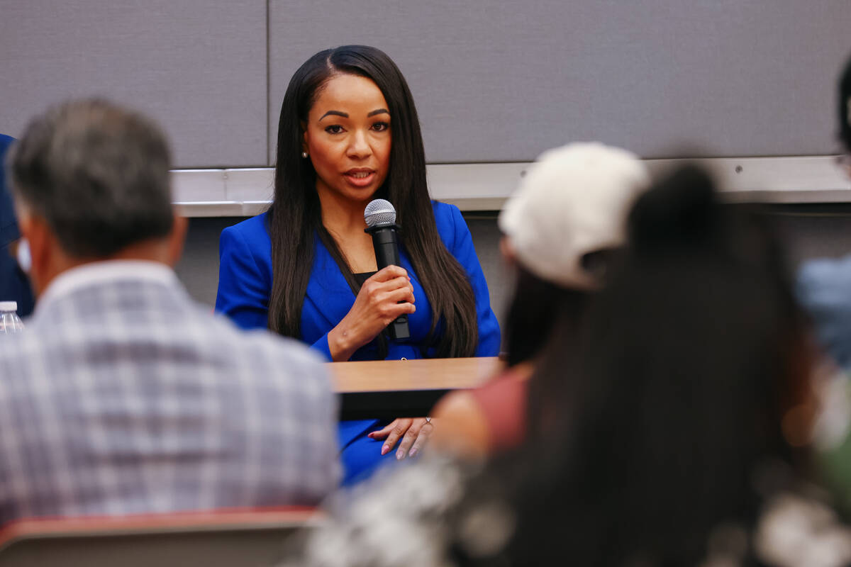 Tina Frias, CEO of Southern Nevada Home Builders speaks at a round table discussion for the pub ...