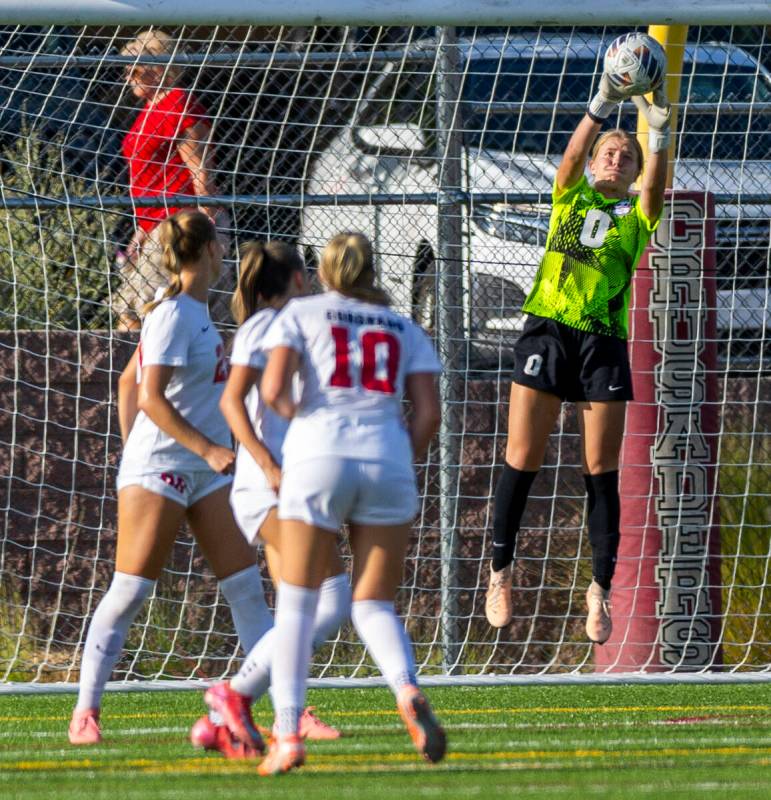 Coronado goalkeeper Liliana Foss (0) deflects a shot by Faith Lutheran to avoid a score during ...